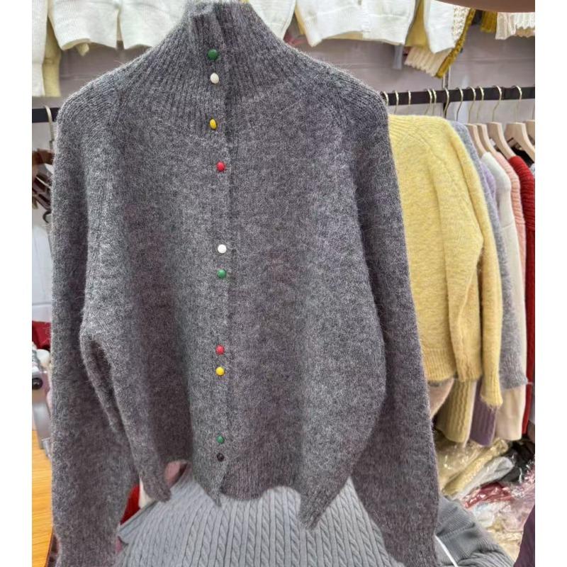 

New color button design plush lapel loose lazy wind knitted cardigan top jacket One Size темно-сірий