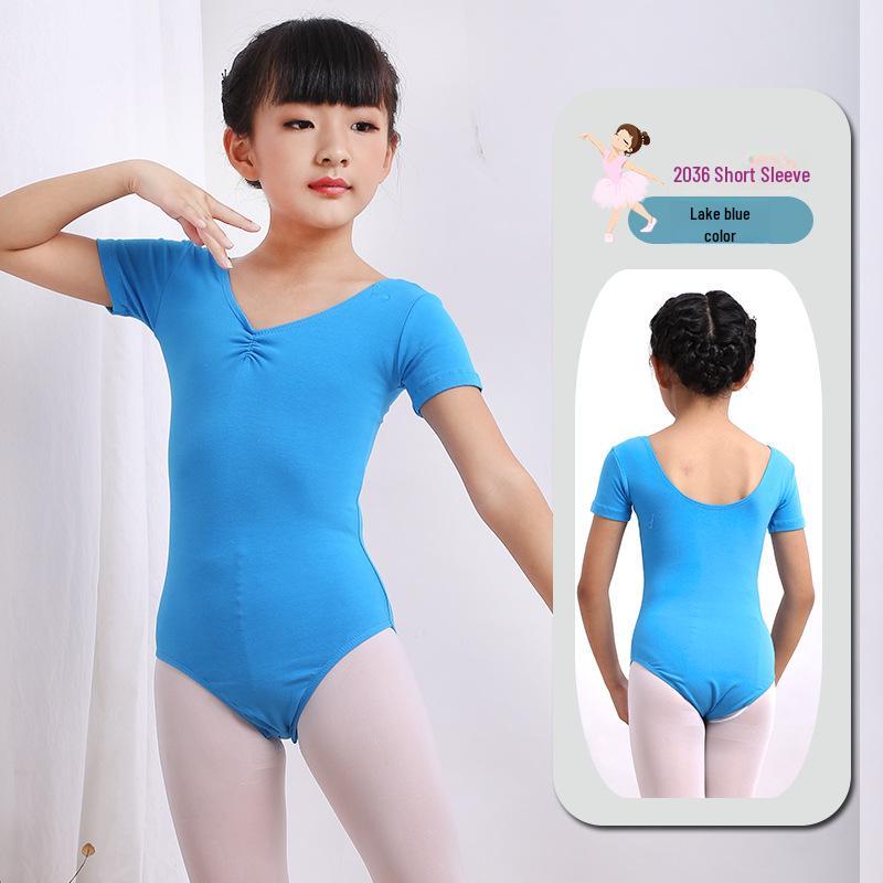 Girls' Summer Ballet Dance Leotard - Short-Sleeved Gymnastics Jumpsuit for Children's Chinese Dance Training