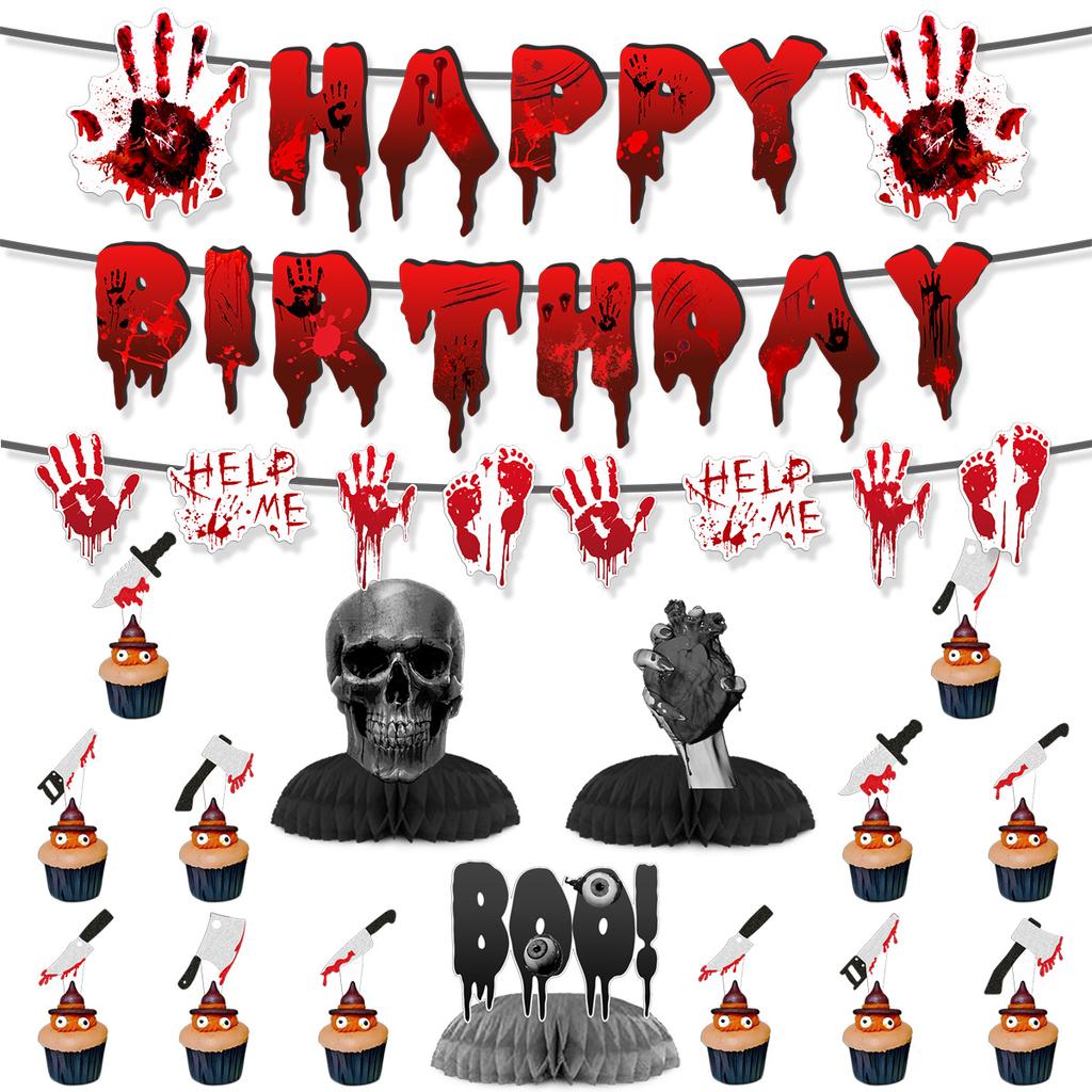 Halloween Bloody Horror Party Arrangement Bloody Handprint Birthday Flag Honeycomb Ornament Set