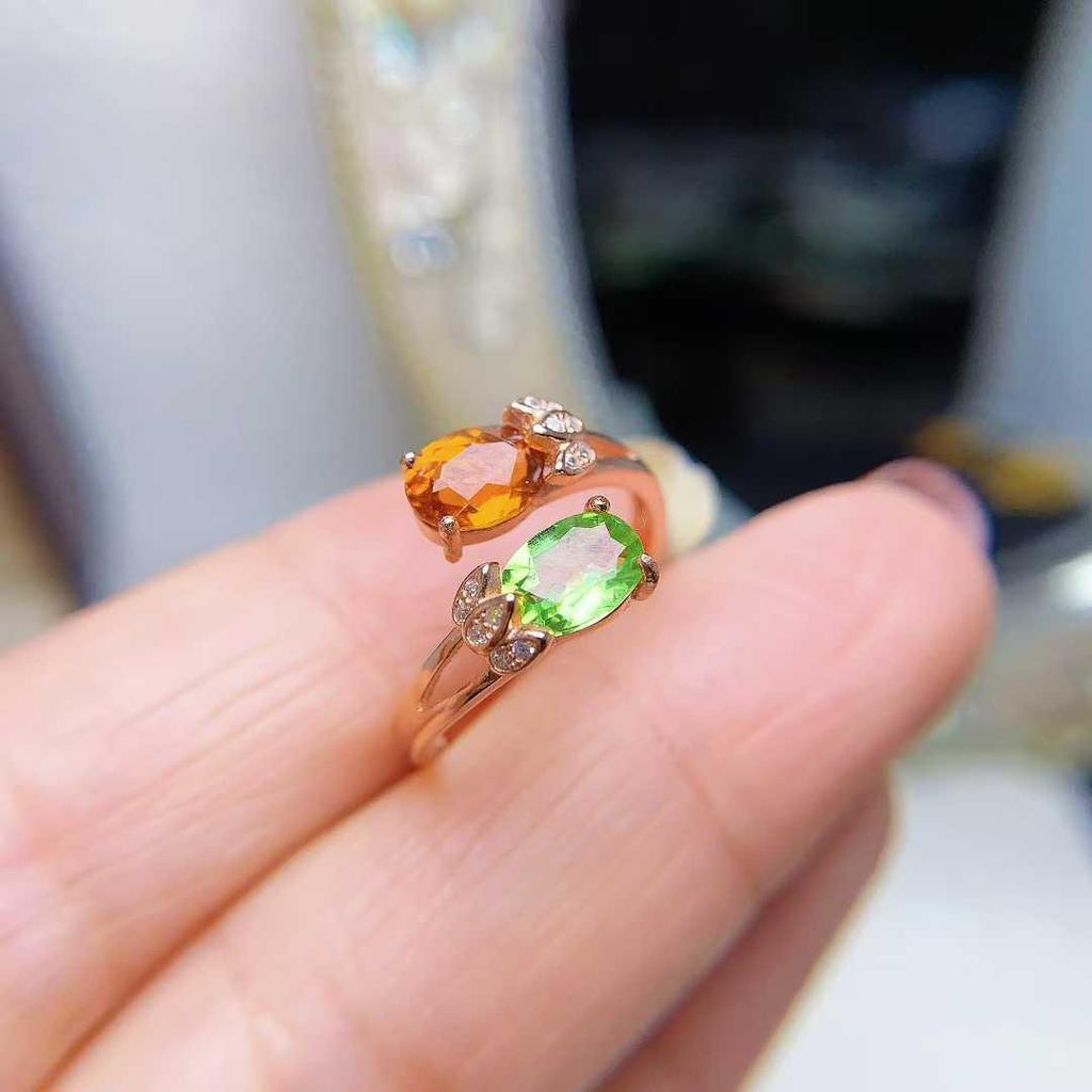 Natural Fanta 925 Silver Double Stone Open Ring - Simple & Versatile Design.