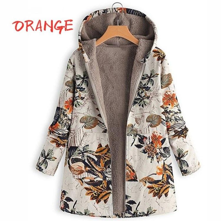 Women's Casual Retro Floral Fleece Jacket Long Sleeve Zip Hoodie Thermal Coat with Pocket Manteaux Dames Outerwear