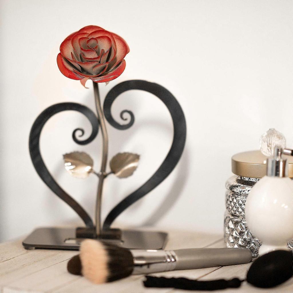 Gift Hand-forged Wrought Iron Red Metal Rose With Heart - Shaped Stand