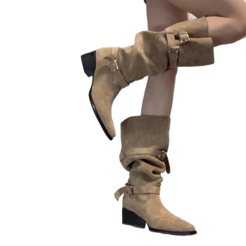 Coarse-heeled women's shoes pleated piled boots autumn khaki suede pointed boots children but knee boots women
