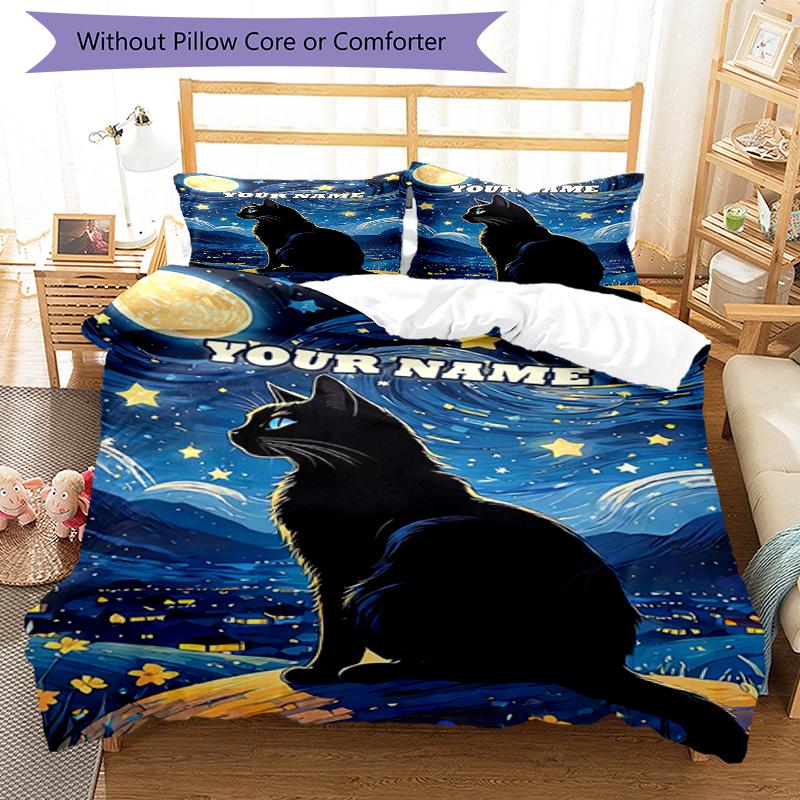 3PC Custom Name "Starry Night Cat Dreamscape" Bedding Set Duvet Cover Closure Includes 1 Duvet Cover & 2 Pillowcases for Bedroom
