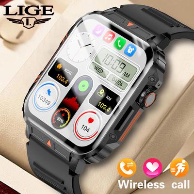 LIGE Men Smart Watch Military Outdoor Sports Waterproof Fitness Watch 1.95 Inches Large Screen Bluetooth Call Smart Bracelet For Android IOS