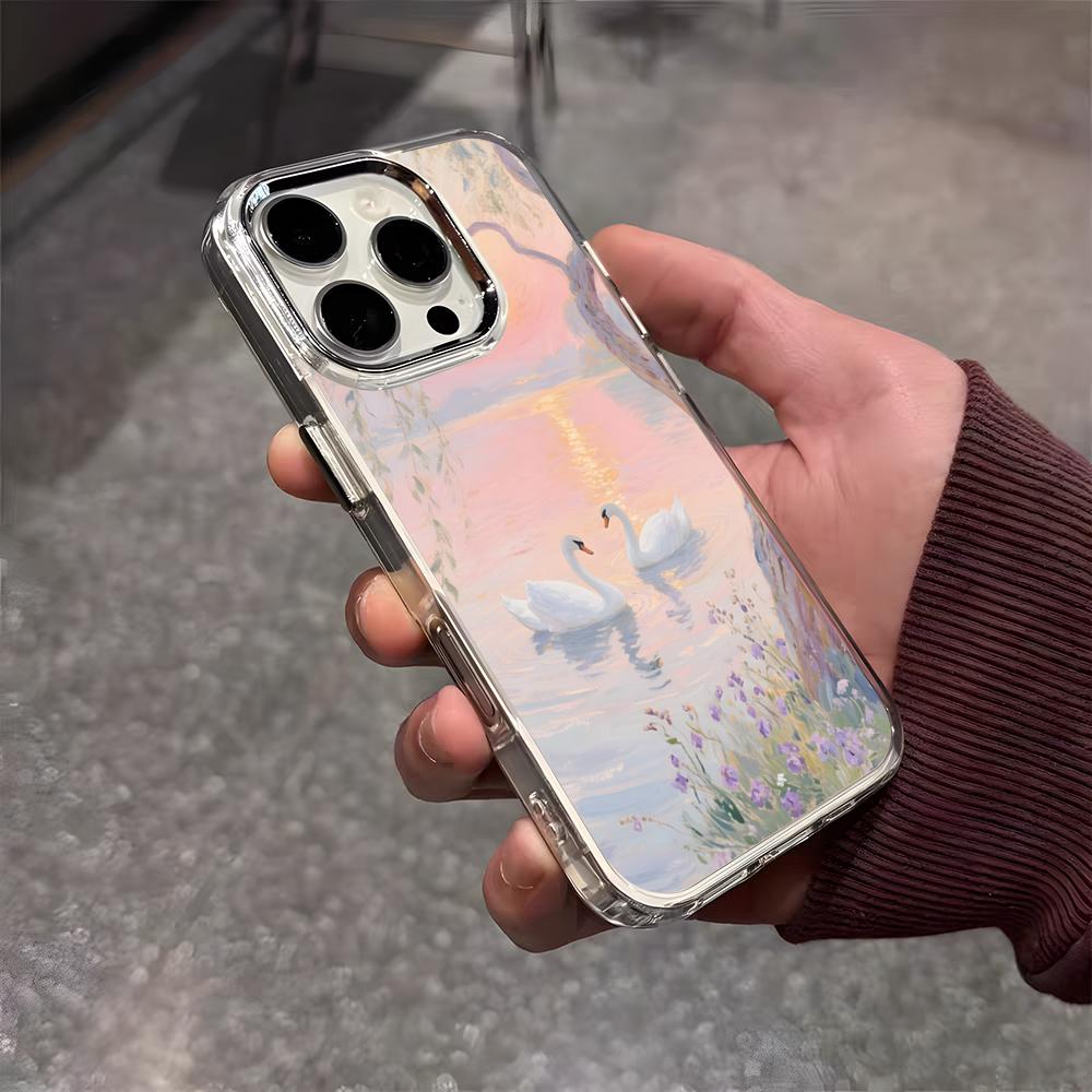 

White Swan Illustration Phone Case For IPhone 17 Air 16 E 15 14 13 12 11 Plus Pro Max Electroplated Transparent Soft Shell iPhone 14