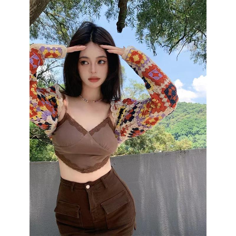 Vintage Colourful Hollow Out Long-sleeved Outer Knitted Cardigan Women's Autumn Cardigan Short Chic Tops