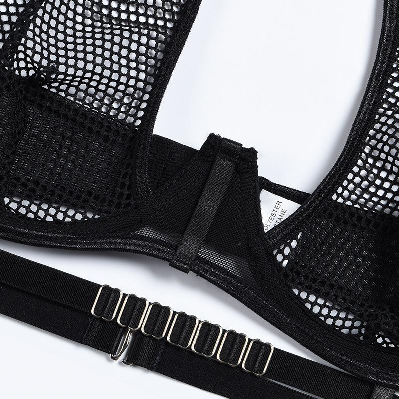 Aduloty Ladies Sexy Lingerie Mesh Hollow Perspective Thin Section Summer Erotic Underwear Underwire Hanging Neck Sling Bra Set