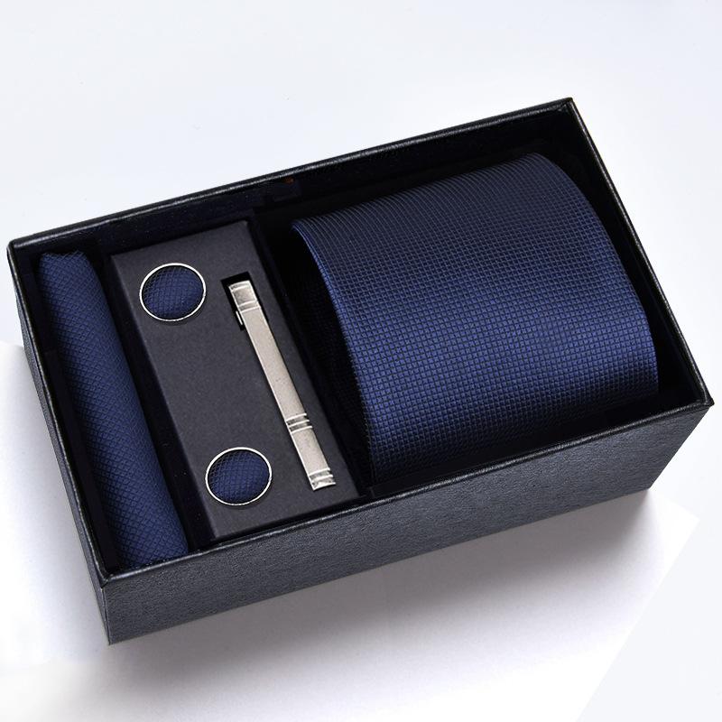 Gift Box Men'S Tie Square Scarf Cufflinks Tie Clip Five-Piece Set, Formal Business Blue Stripes
