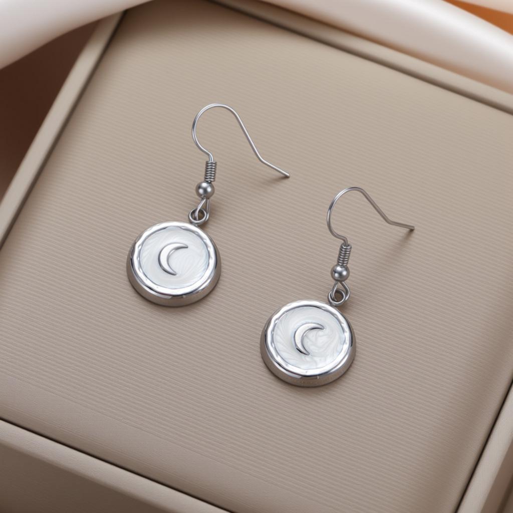Teamer White Enamel Crescent Round Pendant Stainless Steel Dangle Earrings For Women Girls Fashion Wedding Romantic Jewelry Gift
