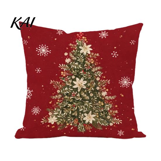 Christmas Pillow Covers Set of 4 Throw Covers, Red Poinsettia Reindeer Pine Branch Cozy Holiday Accent Pillows Cushion Cases, Xmas Decor for