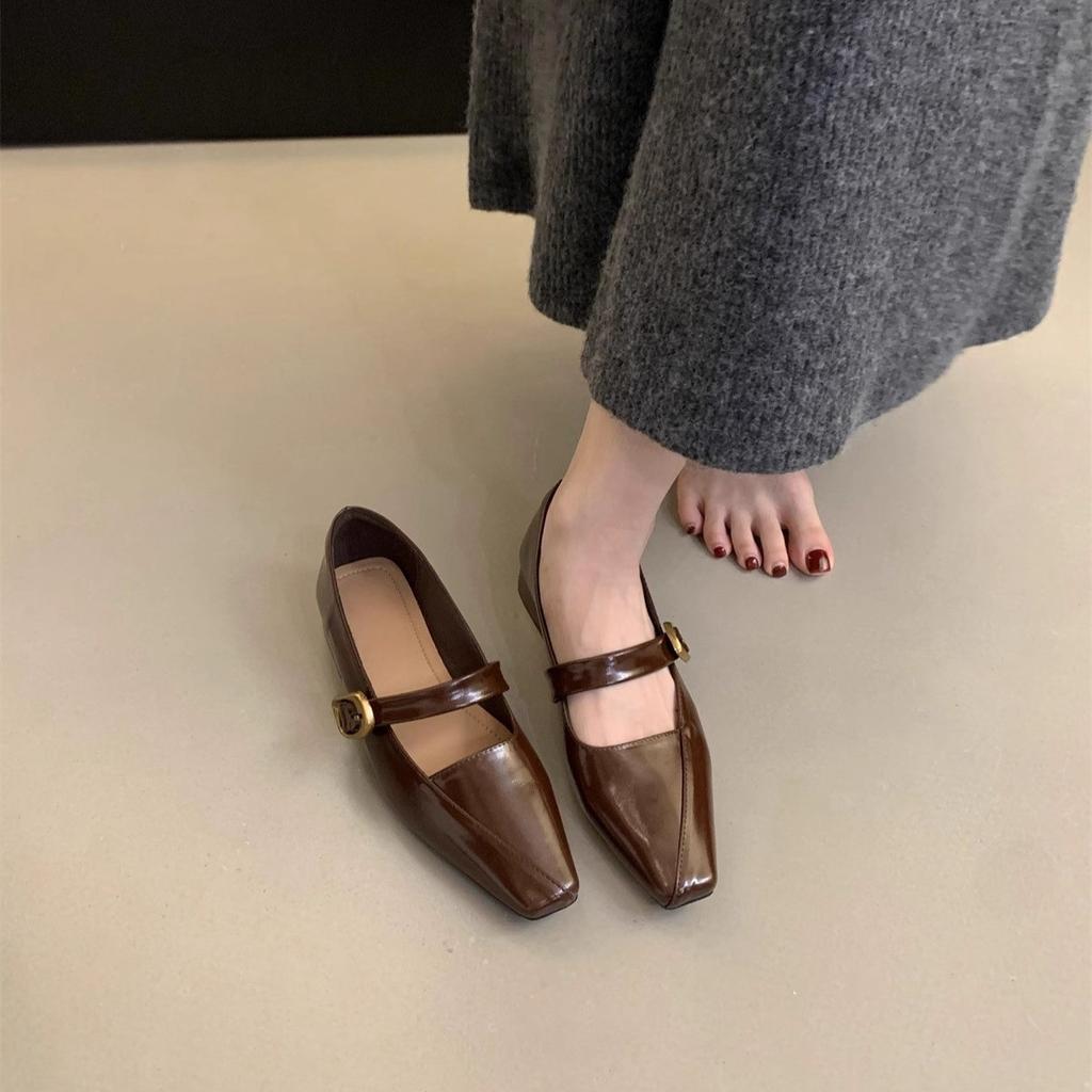 Shallow Single Shoes Women's Middle Heel Spring and Autumn New Commuting Soft Leather Thick Heel Mary Jane Small Leather Shoes