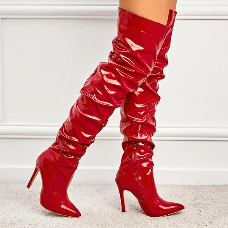 Sexy Pointy Thigh High Boot for Womens Party Shoes Patent Leather Pleated Over The Knee Slim Long Boots Botas De Mujer