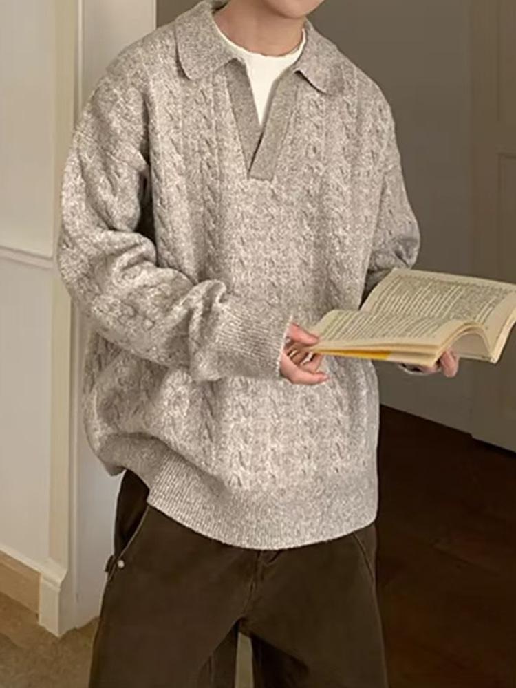 Men's Gray Two-Piece Pilling-Resistant V-Neck Sweater – Korean Style Winter Knitwear