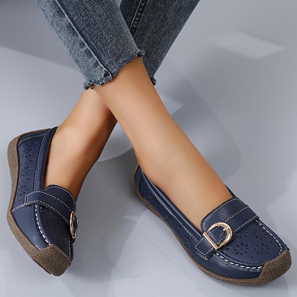 Ladies' Breathable White One Foot Loafers - Gold Buckle, Lightweight Casual Summer Shoes, Comfortable Daily Wear, Fashionable and Durable