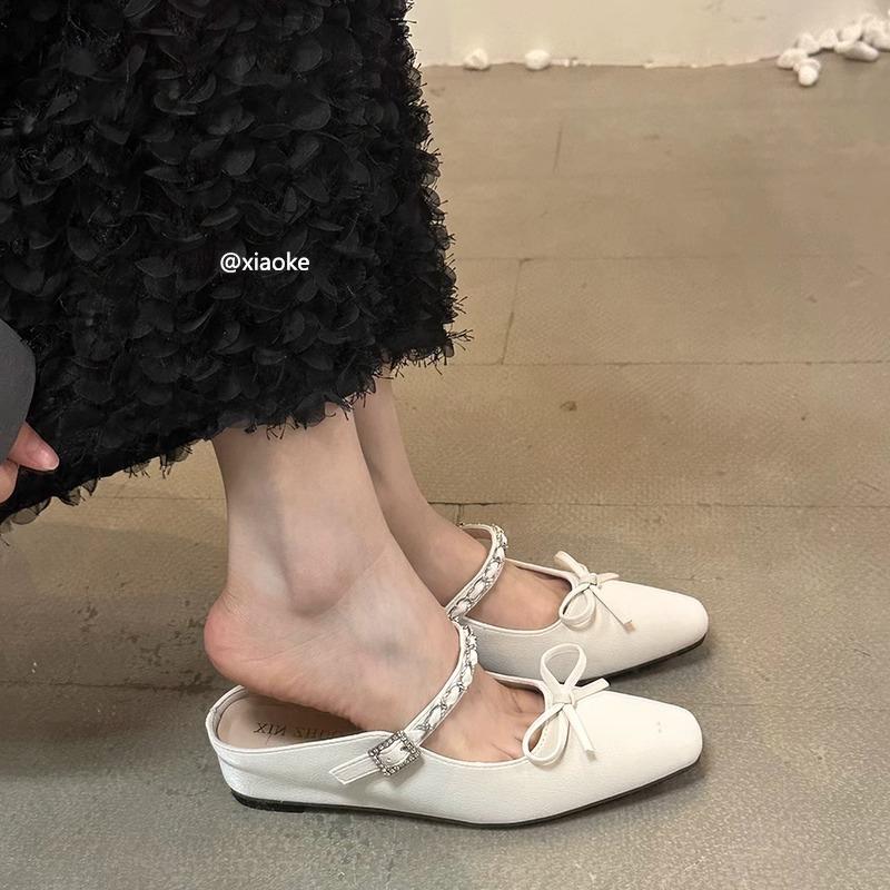 

French bow flat-bottomed bag head and half slippers 2025 spring and summer outer wear new gentle satin fairy muller sandals 39