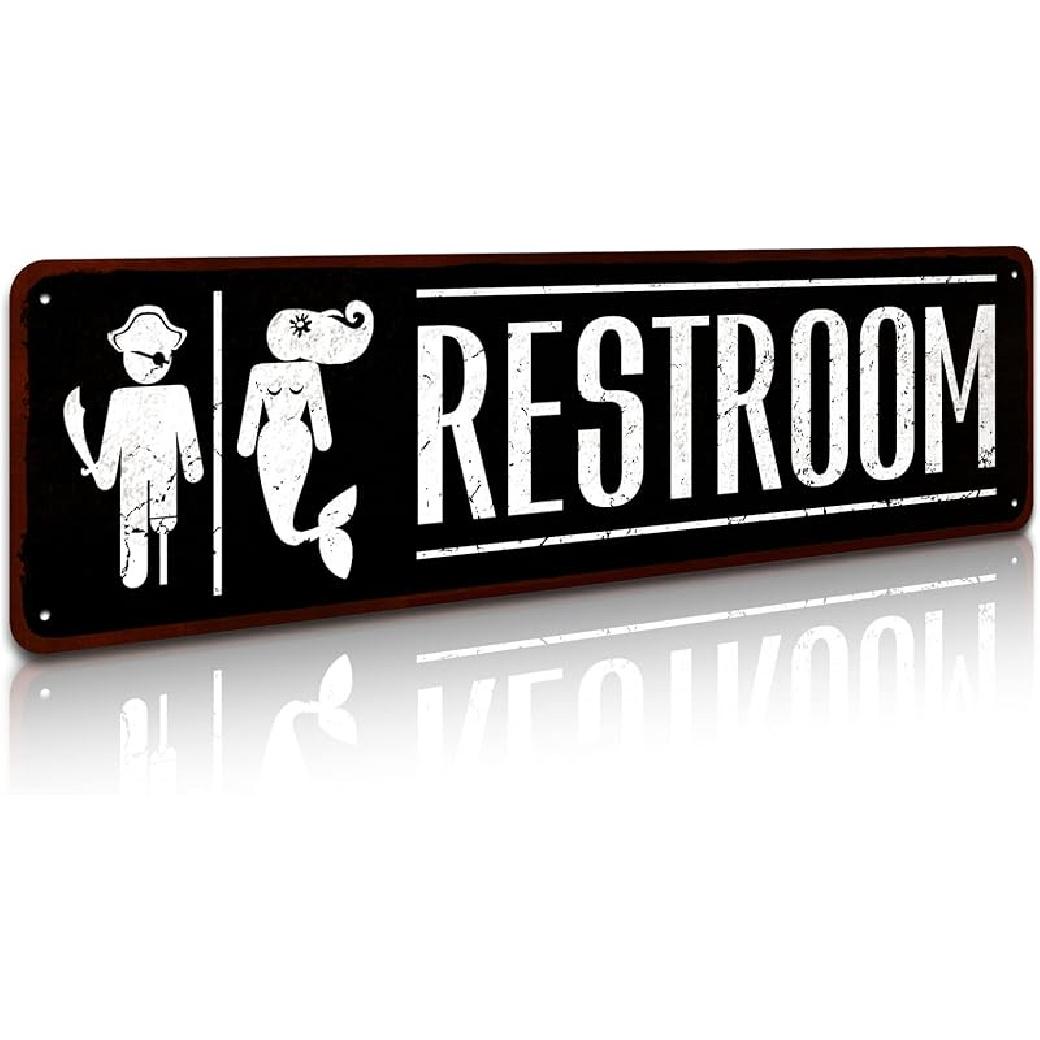 Funny Mermaid Pirate Vintage Restroom Door Sign Bathroom Decor Use for Nautical, Mermaid, Pirate, Beach, Ship Themed Wall Decor, 4  by 16 restroom