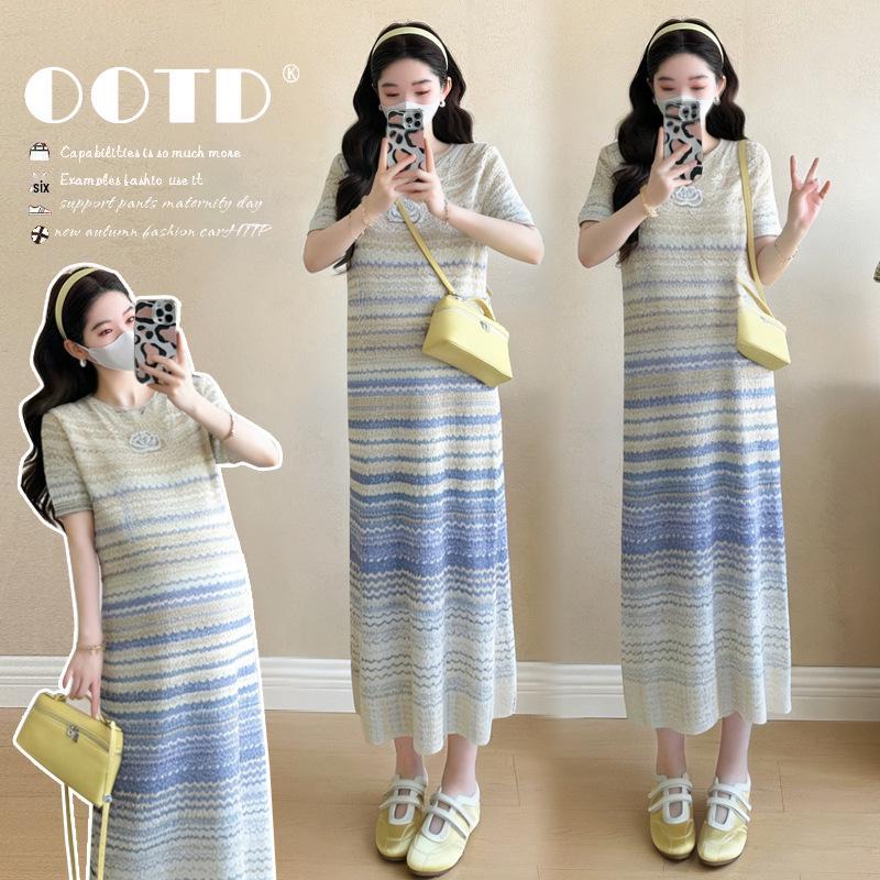Stylish French Striped Maternity Knit Dress - Slim Fit, Short Sleeve, Summer Design M