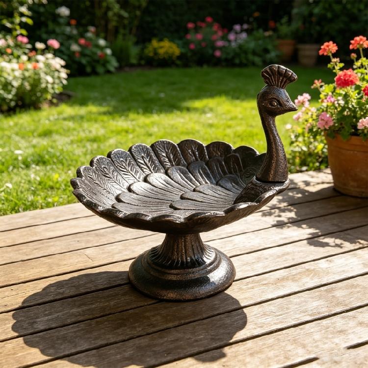 Elegant Peahen Theme Cast Iron Bird Feeder Feeding Station For Garden Landscaping And Wildlife Bathing and Resting