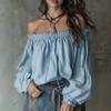 Nuovo top a spalla singola europeo e americano, maniche a sbuffo, scollo elasticizzato, design con finto cordoncino, maniche lunghe alla moda ed eleganti