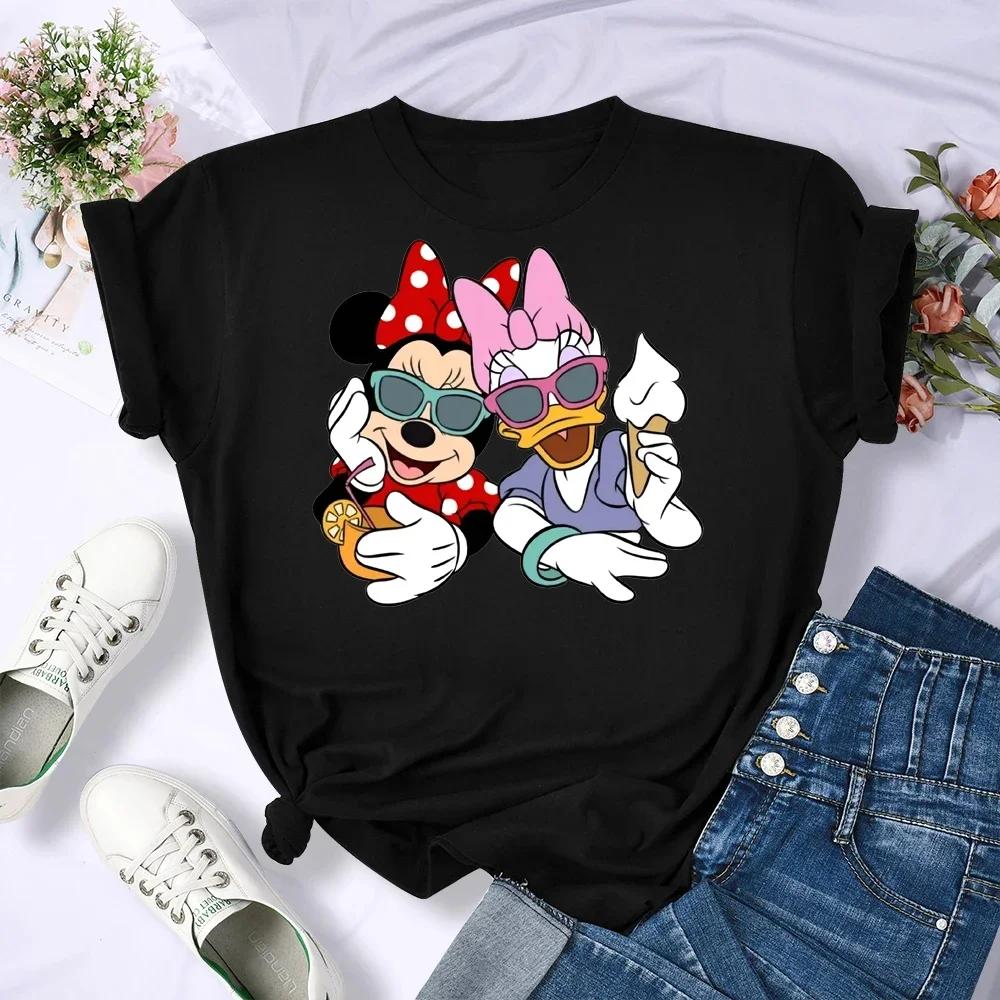 Miniso Disney Family Vacation T Shirt Kawaii Mickey Minnie Donald Duck Print Fashion Clothes Casual Women T-shirt Camiseta Mujer