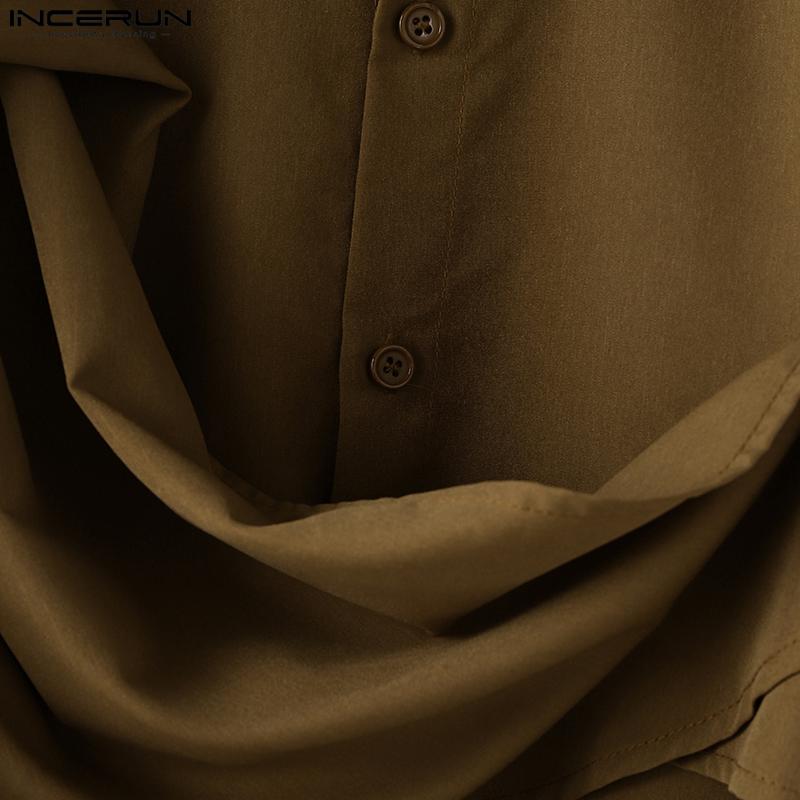 INCERUN Men Irregular Ruffled Shirts Front Cross Hollow Long Sleeve Tops