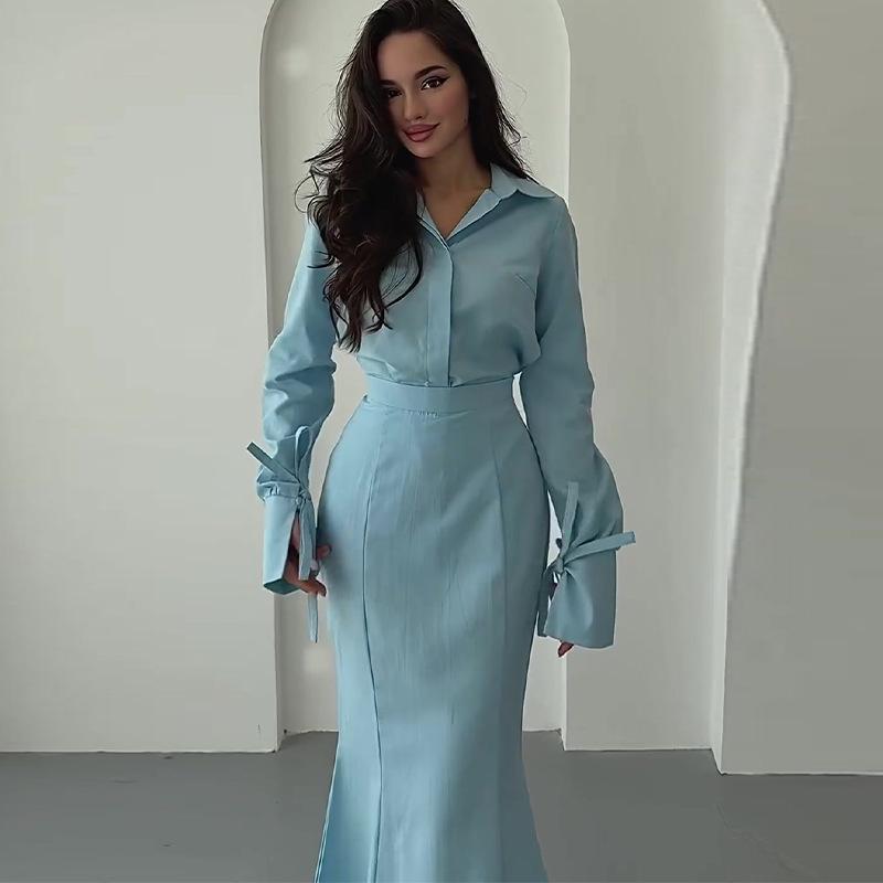 2024 Autumn Women's Solid Color Shirt & High Waist Skirt Set with Turn-down Collar and Long Sleeves