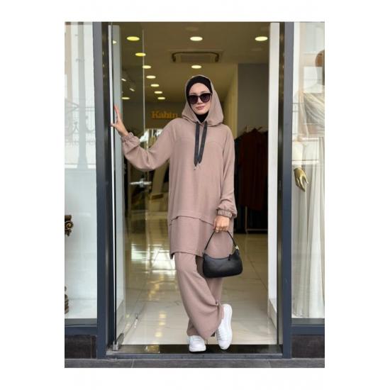 Women's Hooded Zippered Sleeves Elastic Wide Leg Pants Suit