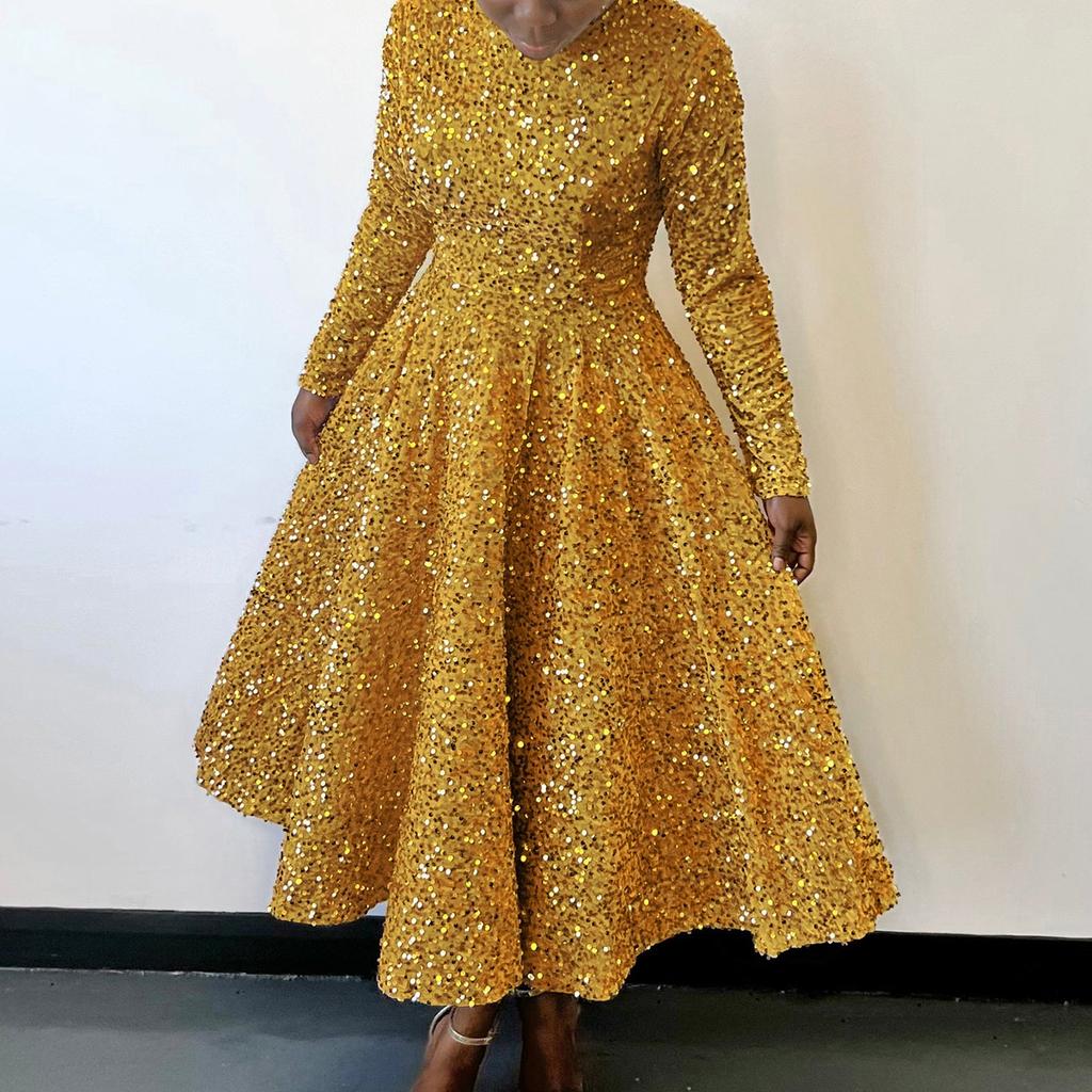 Dámské módní jednobarevné šaty s kulatým výstřihem, dlouhým rukávem a flitry, středně dlouhé šaty s vysokým pasem