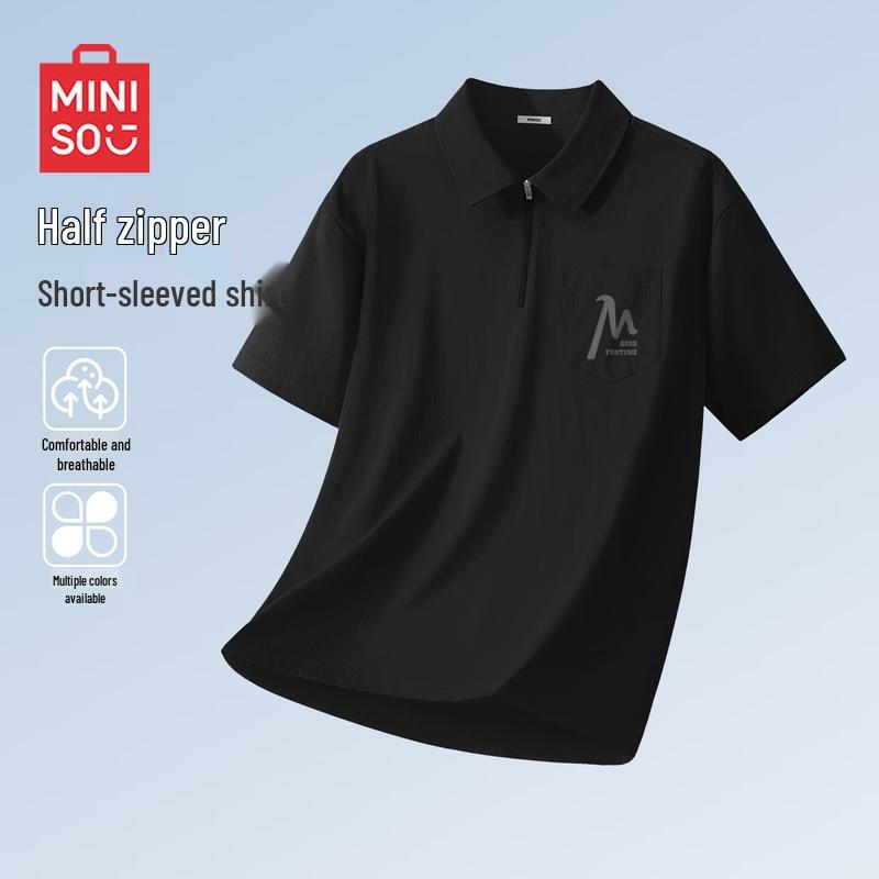 

MINISO Men s Summer Half-Zip Retro Short Sleeve Shirt M