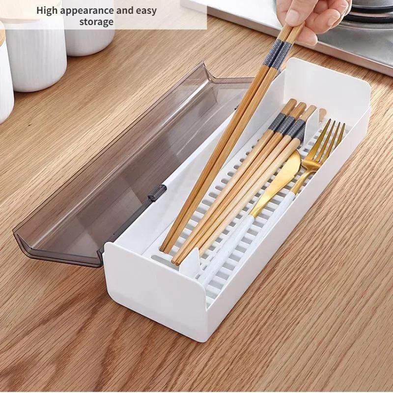 Wholesale Kitchen Fashion Storage Tableware Chopstick Box with Lid  Dustproof Drainage Flat Chopsticks Basket Tableware Box