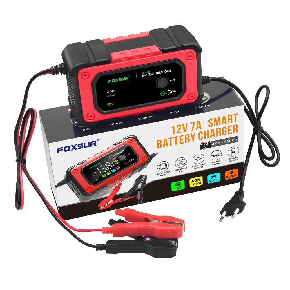 FOXSUR 12V 7A Charger for Lead-Acid & Lithium Iron Phosphate Batteries with Large Color Screen