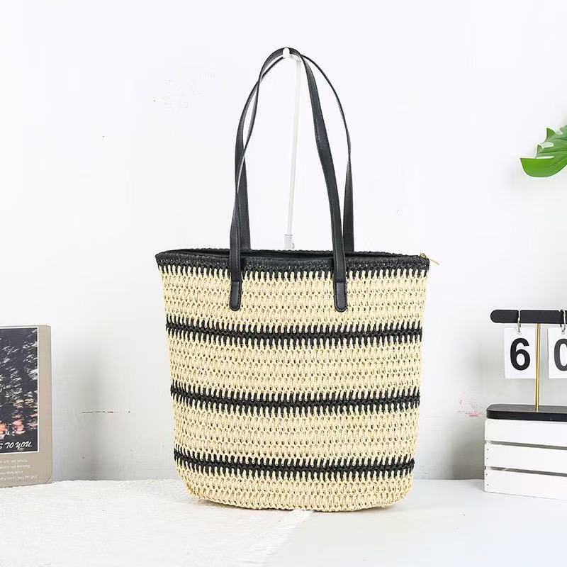 

Summer Beach Retro Bohemian for Vacation Daily Use Handbag for Women High Quality Straw Woven Stripe Youth Women s Shoulder Bags бежевый