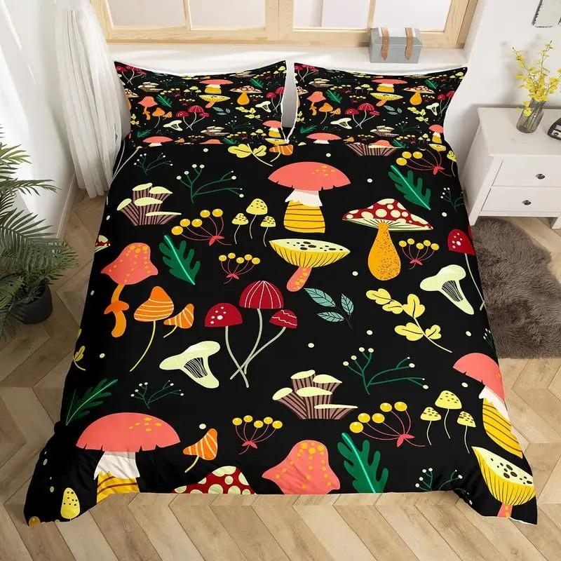 Red Mushroom Kawaii Comforter Set Twin Size Kids Bedding Botanical Plant Print Quilt for Boys Girls Adults