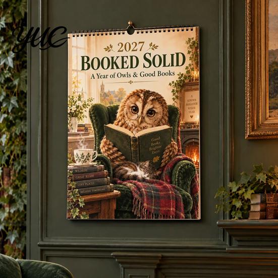 Decorative Wall Hanging for Study 2027 Calendar with Cute Owl Reading Illustrations, Retro Oil Painting Style Monthly Schedule Organizer Home Planner