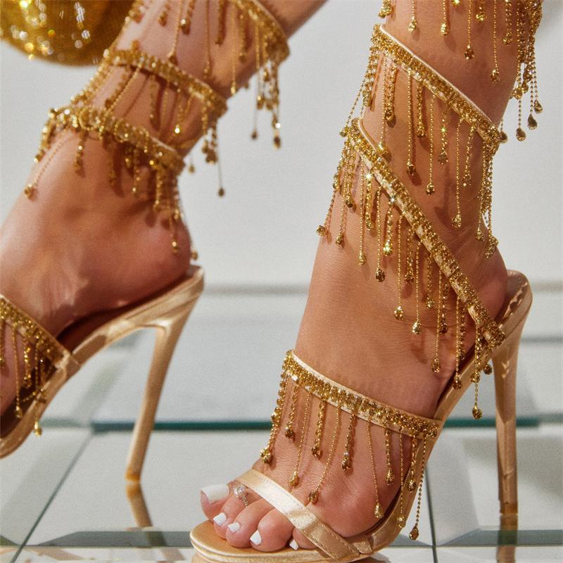 Liyke femei elegante nuntă banchet pantofi moda cristal Tassel Twining sandale stiletto sexy Open Toe stripper tocuri aurii