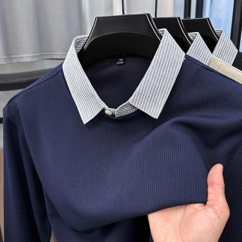 Hanorac cu dungi pentru bărbați, stil toamnă, business casual, cu guler tip cămașă falsă în două piese și mâneci lungi M black
