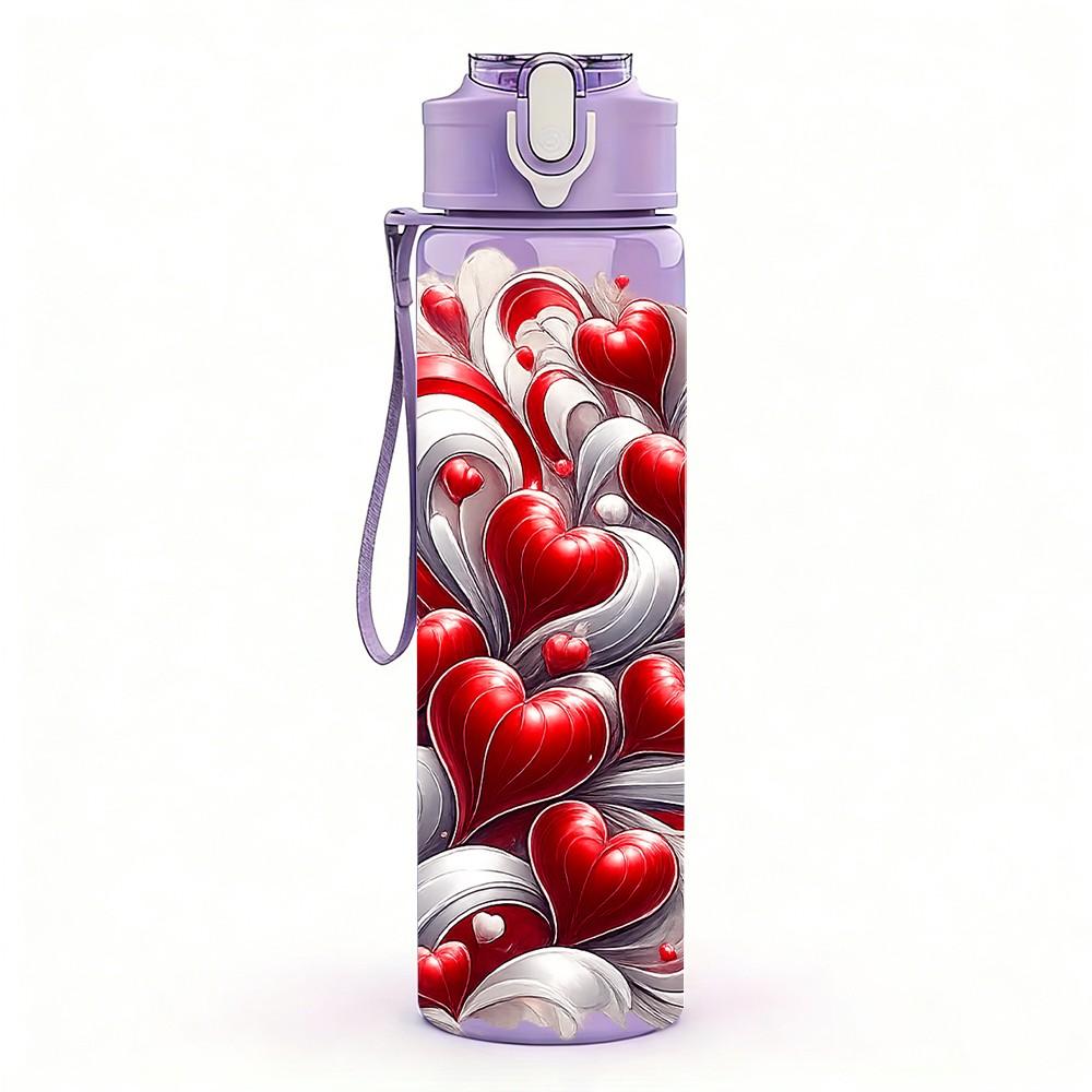 1PC Red White Heart Rose Abstract Print 750ml Color Plastic Sports Water Bottle Leakproof Flip Straw Lid Suitable for Sports Office Home Use