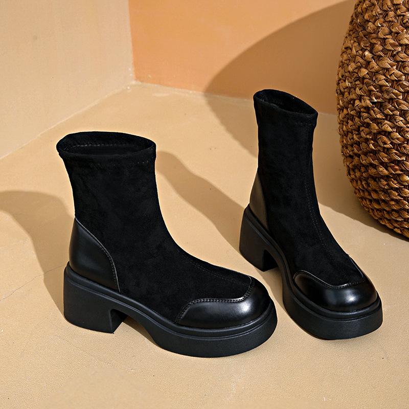 thick-soled thick-heeled Martin boots for women's 2025 autumn new thin boots versatile fashion height-increasing and thin elastic short boots