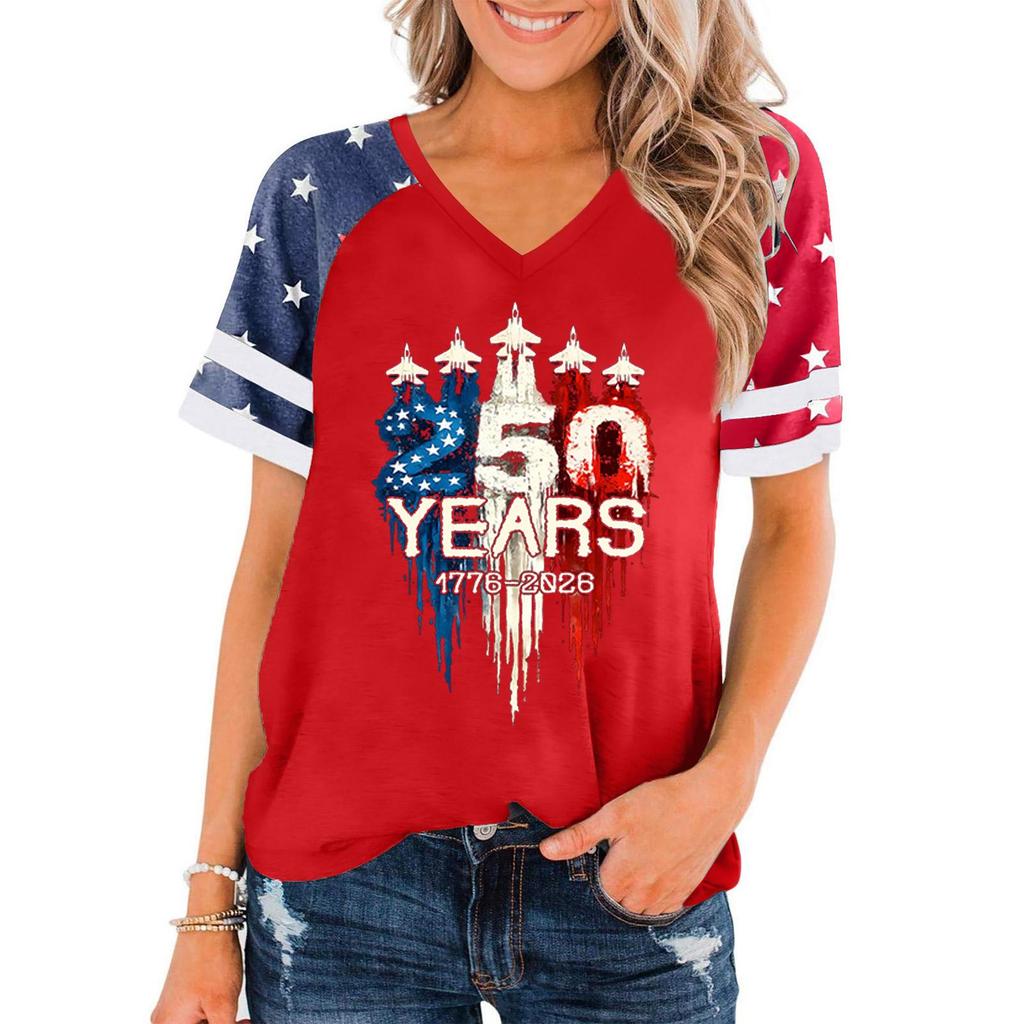 Women Casual V Neck Short Sleeve Pullover T Shirt Independence Day Print Top 250 Years 1776-2026 Patriotic Graphic Tee