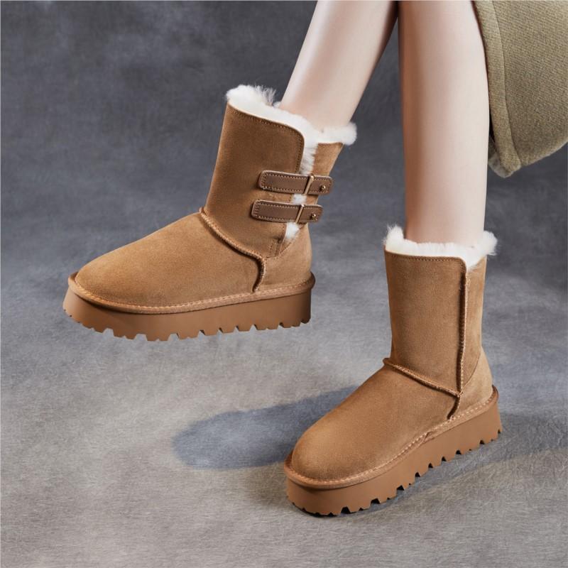 Johnature Wool Thick Soled Snow Boots Versatile Cow Suede Thickened Plush Warm Women's Mid-calf Boots