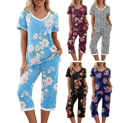 2Pcs/Set Women Floral Print Loungewear Set V-Neck Short Sleeve T-Shirt Pockets Elastic
