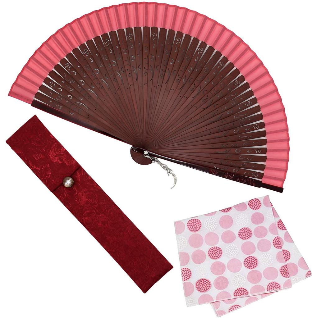 Osaka Choseido Folding Fan Fan and Handkerchief Rose Fan, Women's, Stylish, Business, Bag, Case, Set, (Crimson)