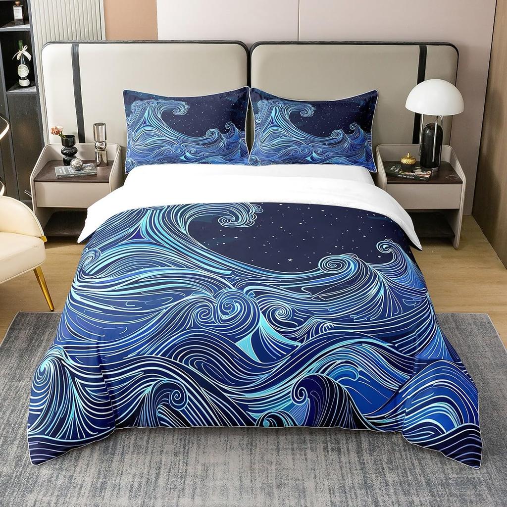 Sea Waves Duvet Cover Sets For Teens Adults Lightweight Quilt Covers Blue Ocean Coastal Themed Bedding Set Room Decor No Quilt