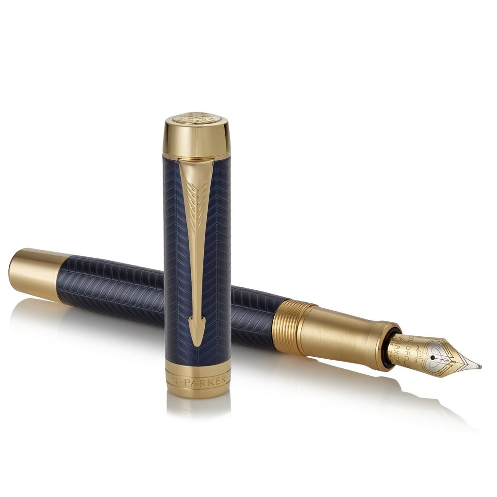 PARKER Duofold Prestige Blue Chevron GT Fountain Fine 18K Gold Gift Officially Product Number 1031369 Pen, Nib, Nib, Boxed, Imported,