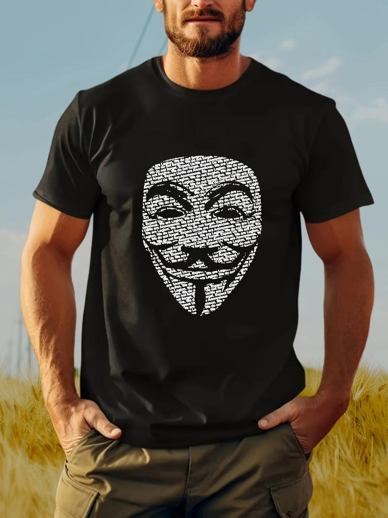 Summer Black Men's Face Printed Round Neck T-shirt for Sports Leisure Street Fitness Pure Cotton Short Sleeved