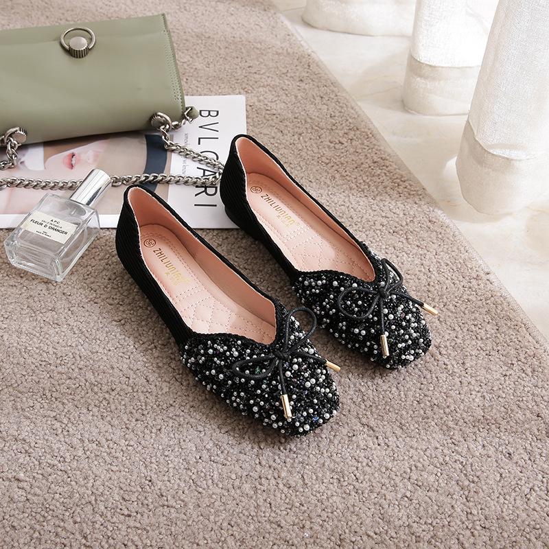Spring new pearl rhinestone square head single shoes soft-soled casual flats
