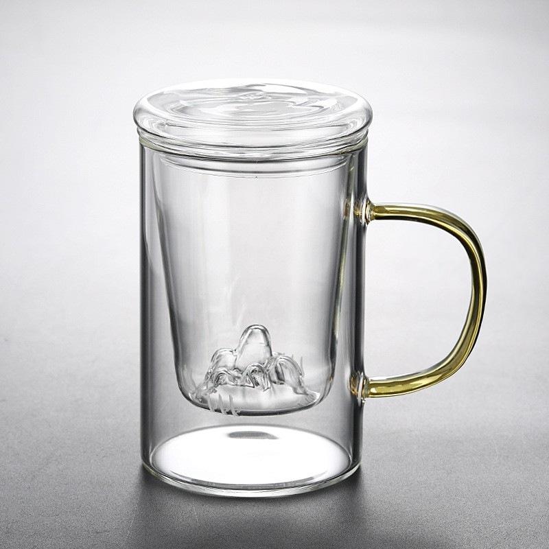 Three piece Cup of High Borosilicate Glass High Temperature-resistant Tea Water Separation Cup Office Bamboo and Wood Cover Filter Guanshan Tea Cup