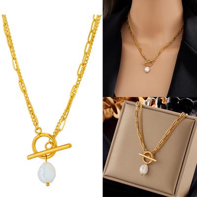 Elegant Baroque Freshwater Pearl Pendant Necklace Double Chain Design Stainless Steel Jewelry Gift For Women