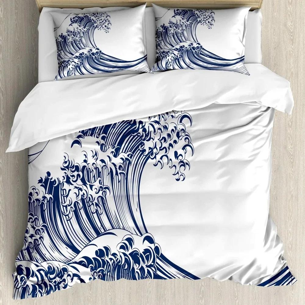 Japanese Wave Duvet Cover Set, Sea Storm In Japan Traditional Drawing Foamy Waves,Bedding Set Full Size,Earth Yellow Dark Blue